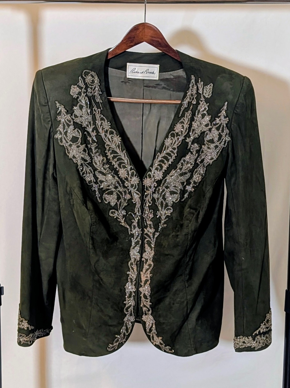 Vintage 80s Richard Brooks Custom Suede Bolero Evening Jacket Beaded Green XL